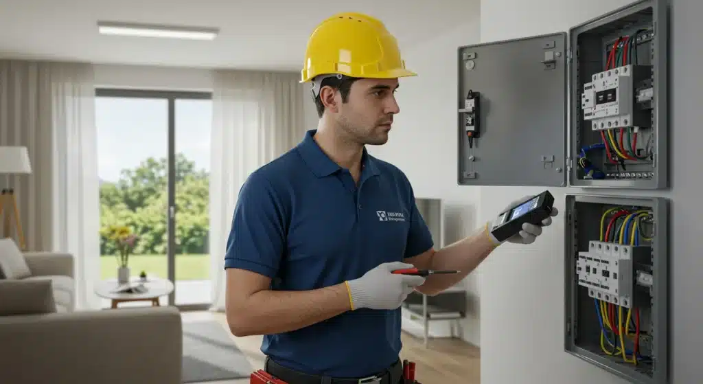 Electricista revisando instalación eléctrica en una casa para determinar cada cuánto se debe cambiarla