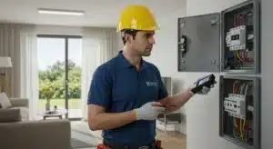Electricista revisando instalación eléctrica en una casa para determinar cada cuánto se debe cambiarla
