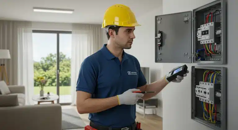 Electricista revisando instalación eléctrica en una casa para determinar cada cuánto se debe cambiarla