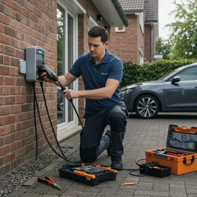 Técnico instalando cargador de autos eléctricos en Quito